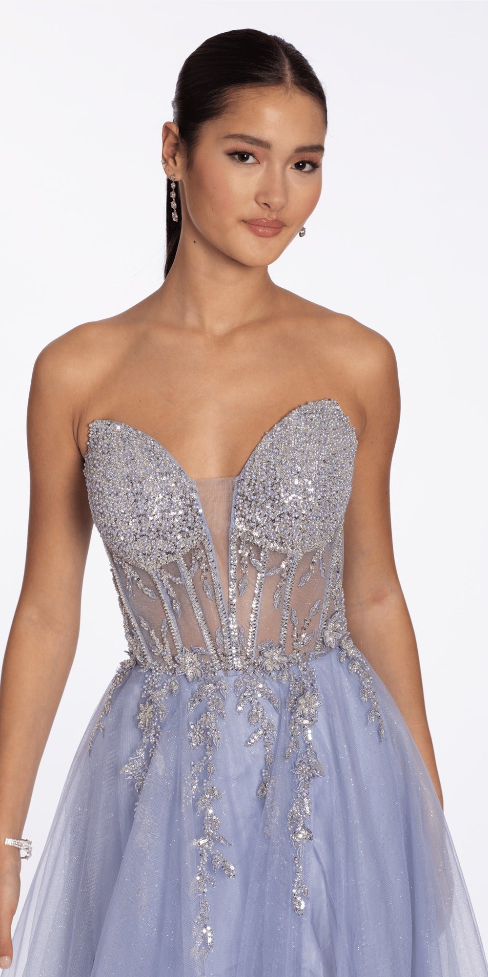Glitter Mesh Scoop Pleated Empire High Low Dress with Tendrils