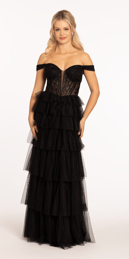 Embroidered Off the Shoulder Tulle Ballgown with Floral Detail