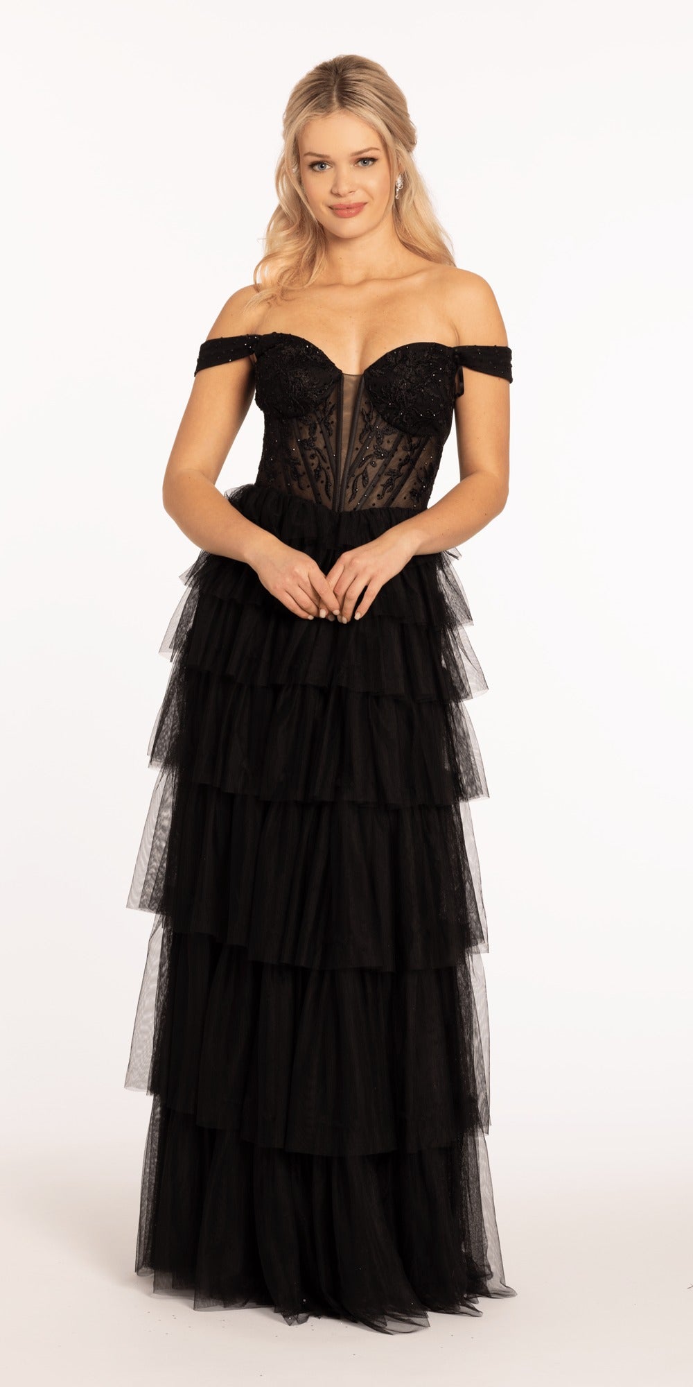Embroidered Off the Shoulder Tulle Ballgown with Floral Detail