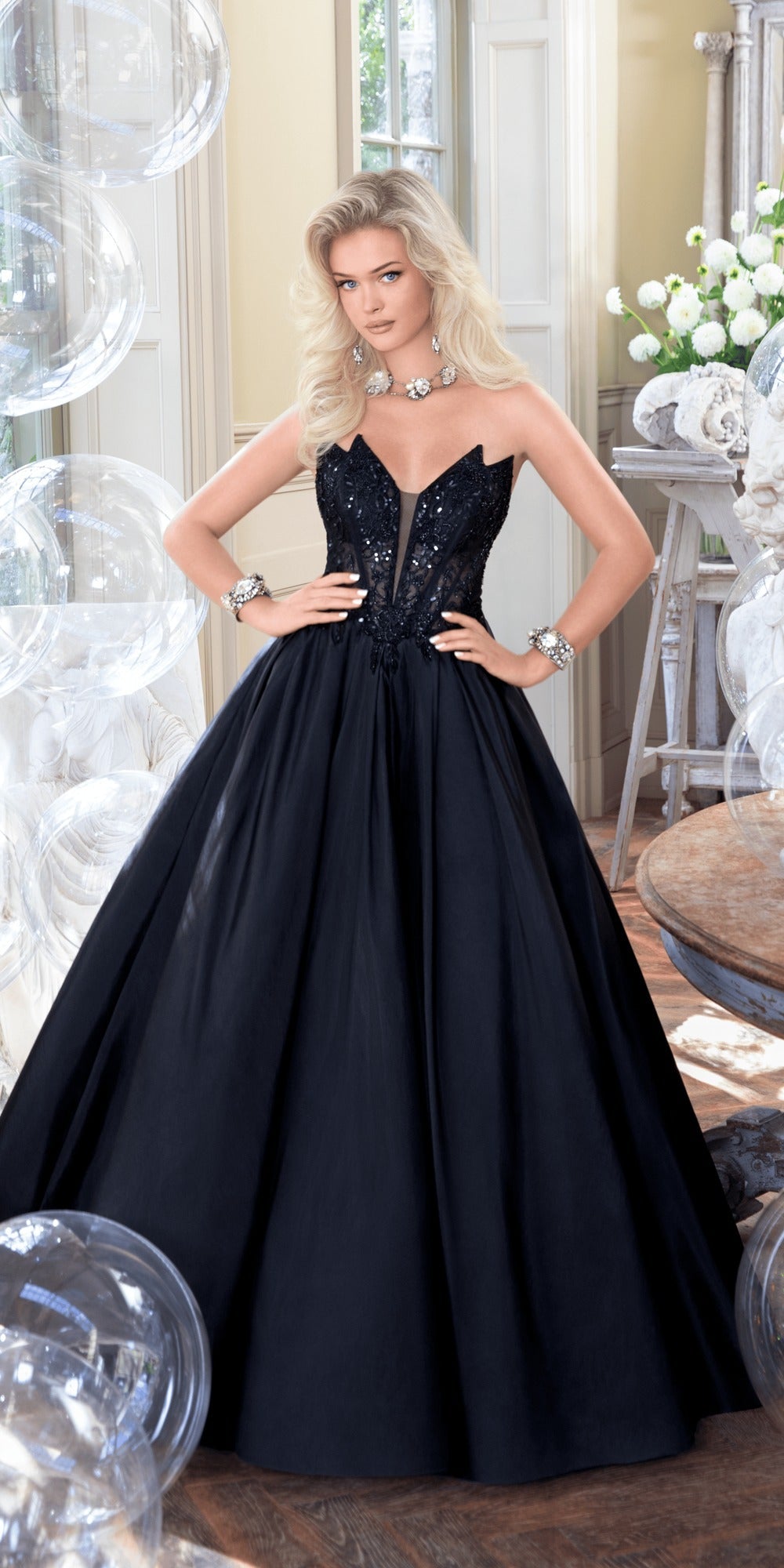 Off the Shoulder Tulle Plunging Beaded Trumpet Dress