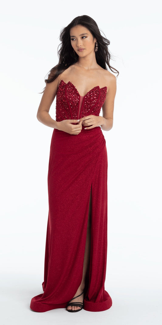 Satin Plunging A Line Dress with Leaf Beading Detail
