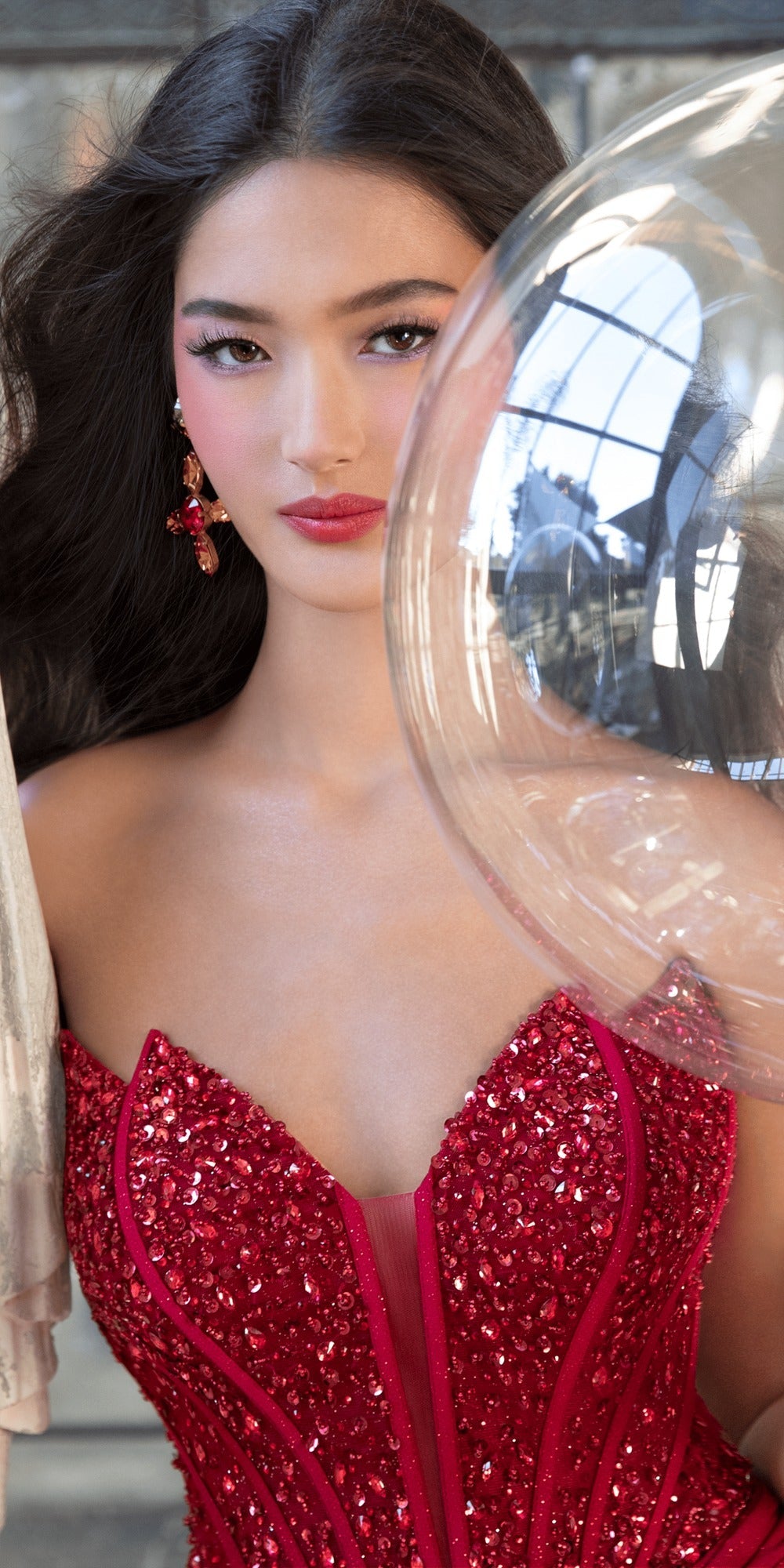 Satin Plunging A Line Dress with Leaf Beading Detail