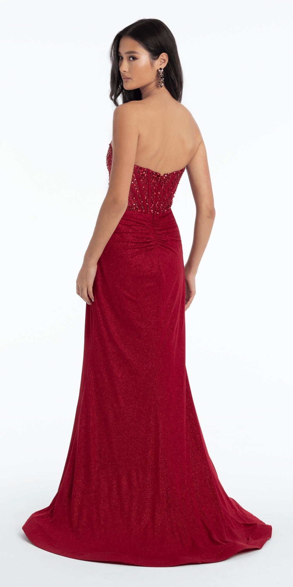Satin Plunging A Line Dress with Leaf Beading Detail