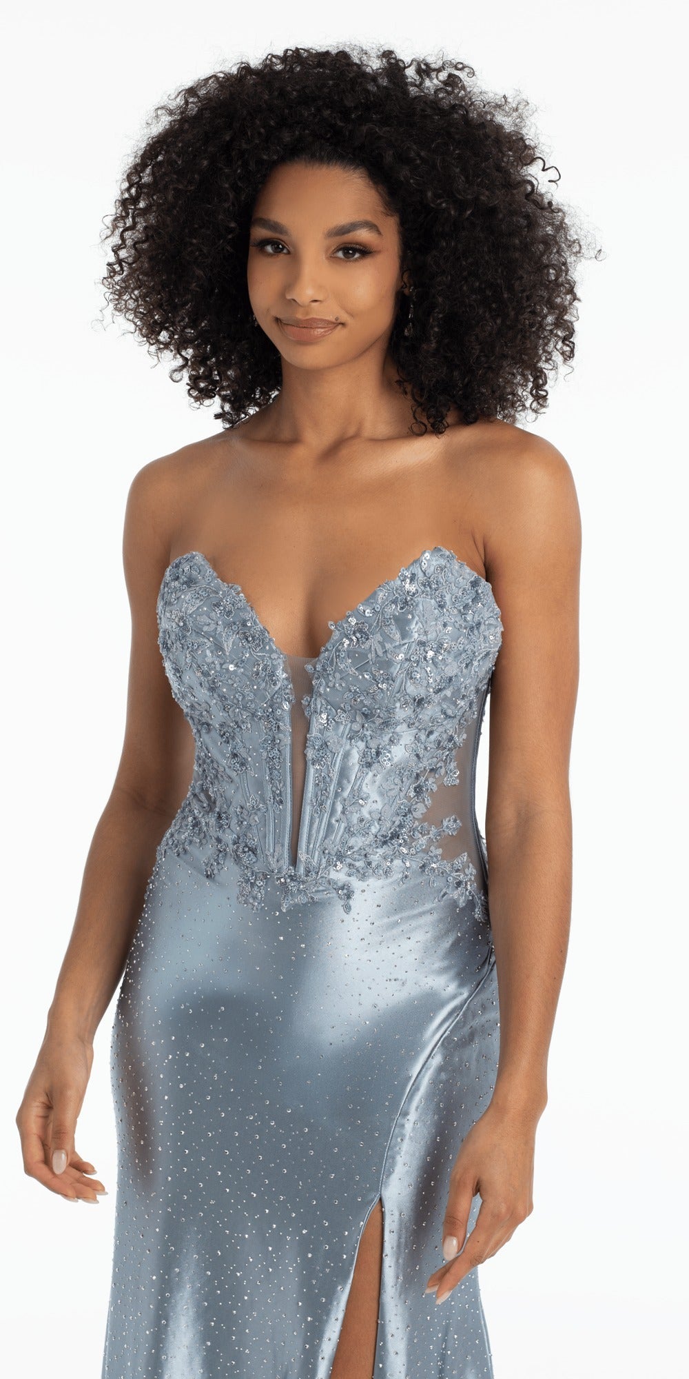 Satin Mock Wrap Pleated Column Dress with Chapel Train