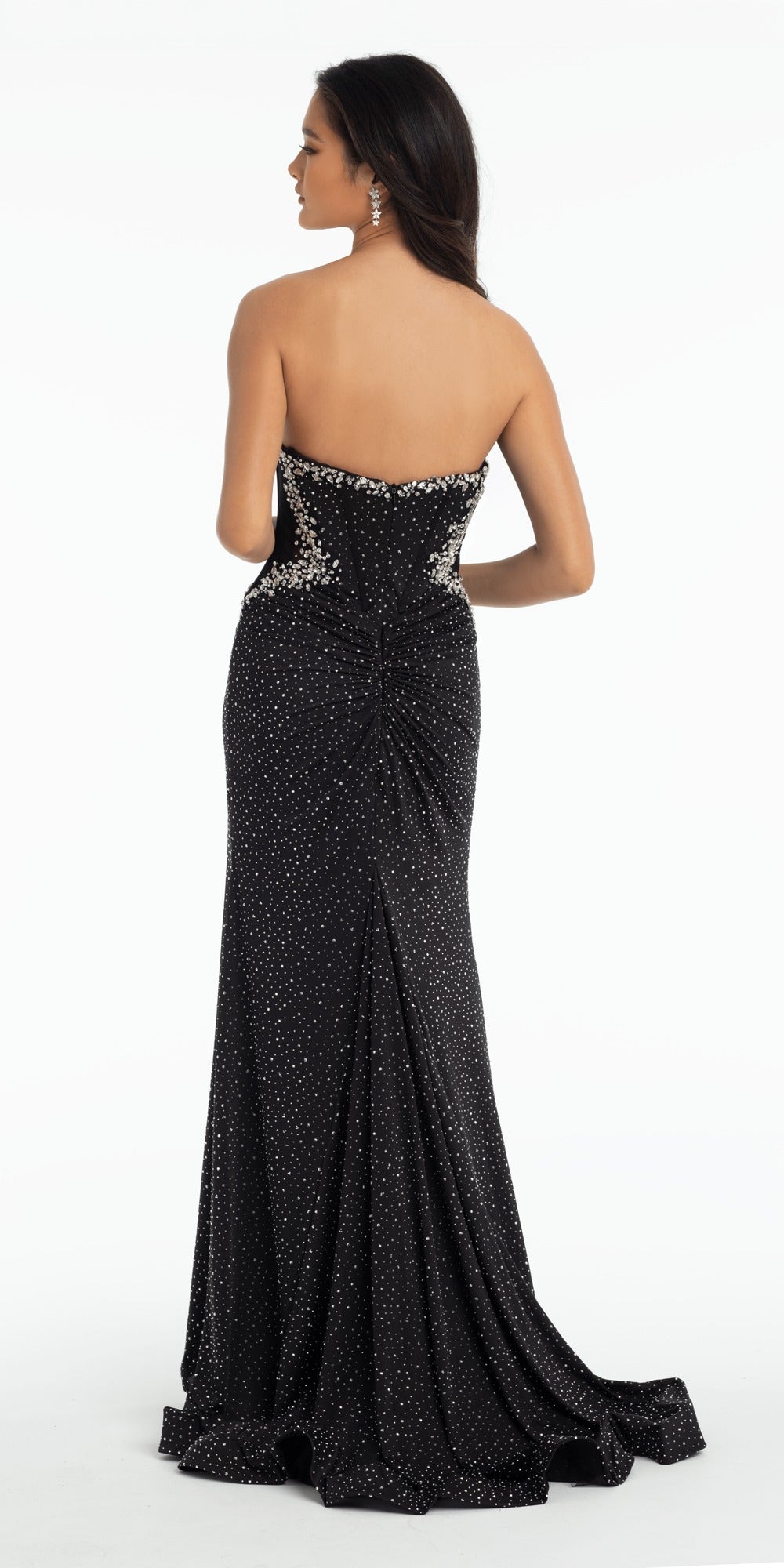 Satin Mock Wrap Pleated Column Dress with Chapel Train