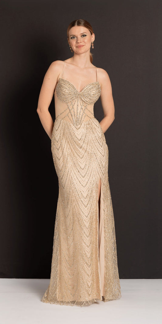Organza V Neck Long Sleeve Lace Up Back Ballgown with Embellished Appliques