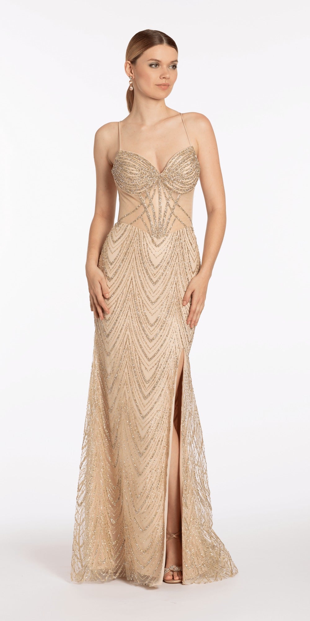 Organza V Neck Long Sleeve Lace Up Back Ballgown with Embellished Appliques