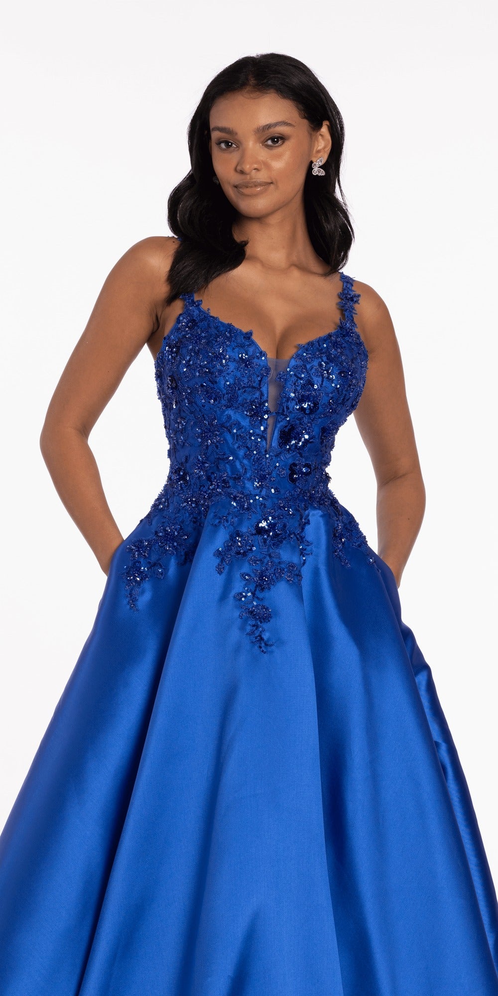 Tulle V Neck Ballgown with Floral Applique Hemline and Pockets