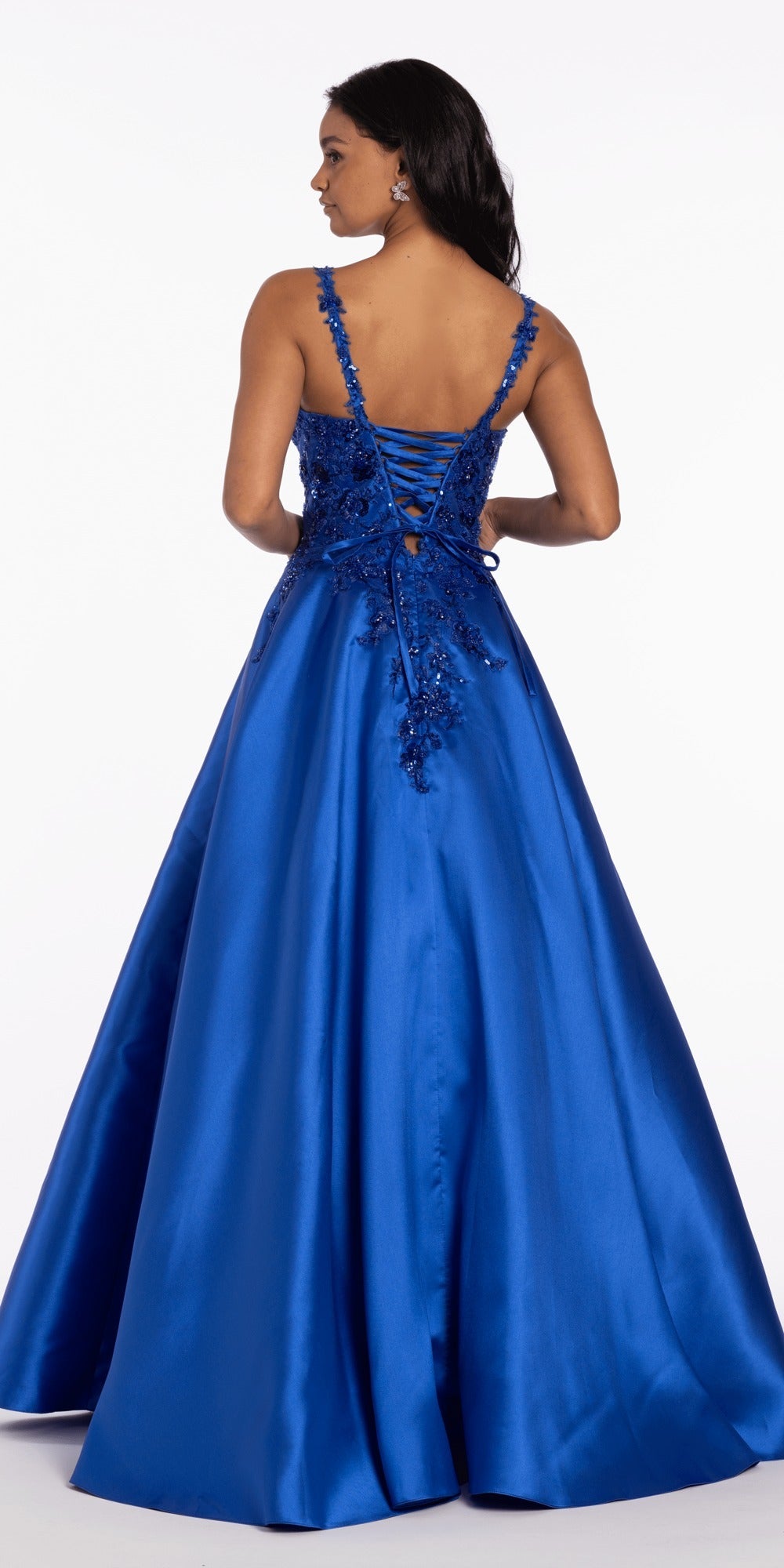 Tulle V Neck Ballgown with Floral Applique Hemline and Pockets