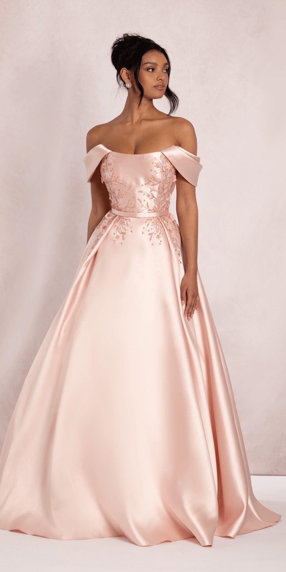 Tulle V Neck Ballgown with Floral Applique Hemline and Pockets