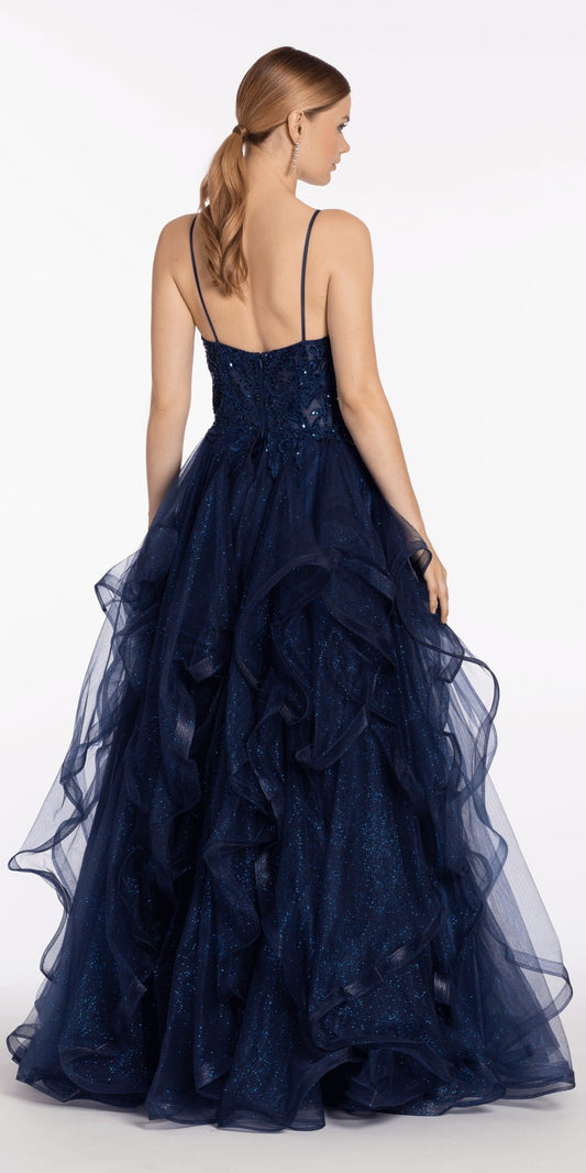 Strapless Tiered Chiffon and Satin Pleated Corset Ballgown