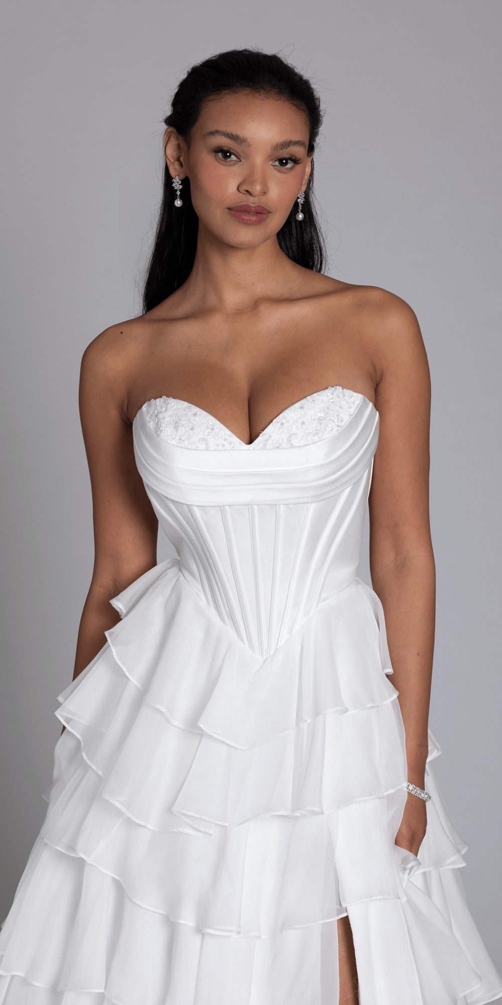 Strapless Tiered Chiffon and Satin Pleated Corset Ballgown