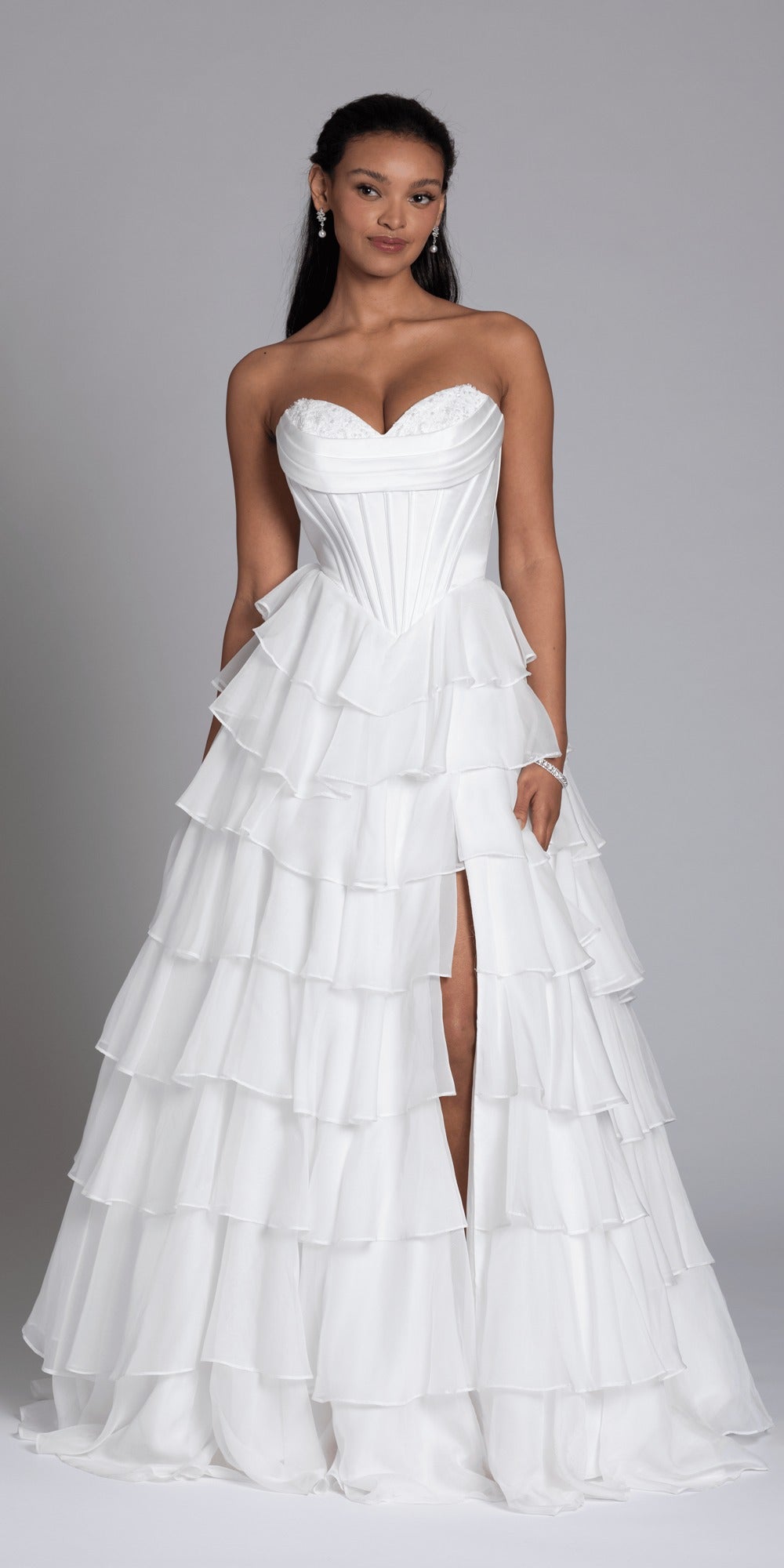 Strapless Tiered Chiffon and Satin Pleated Corset Ballgown