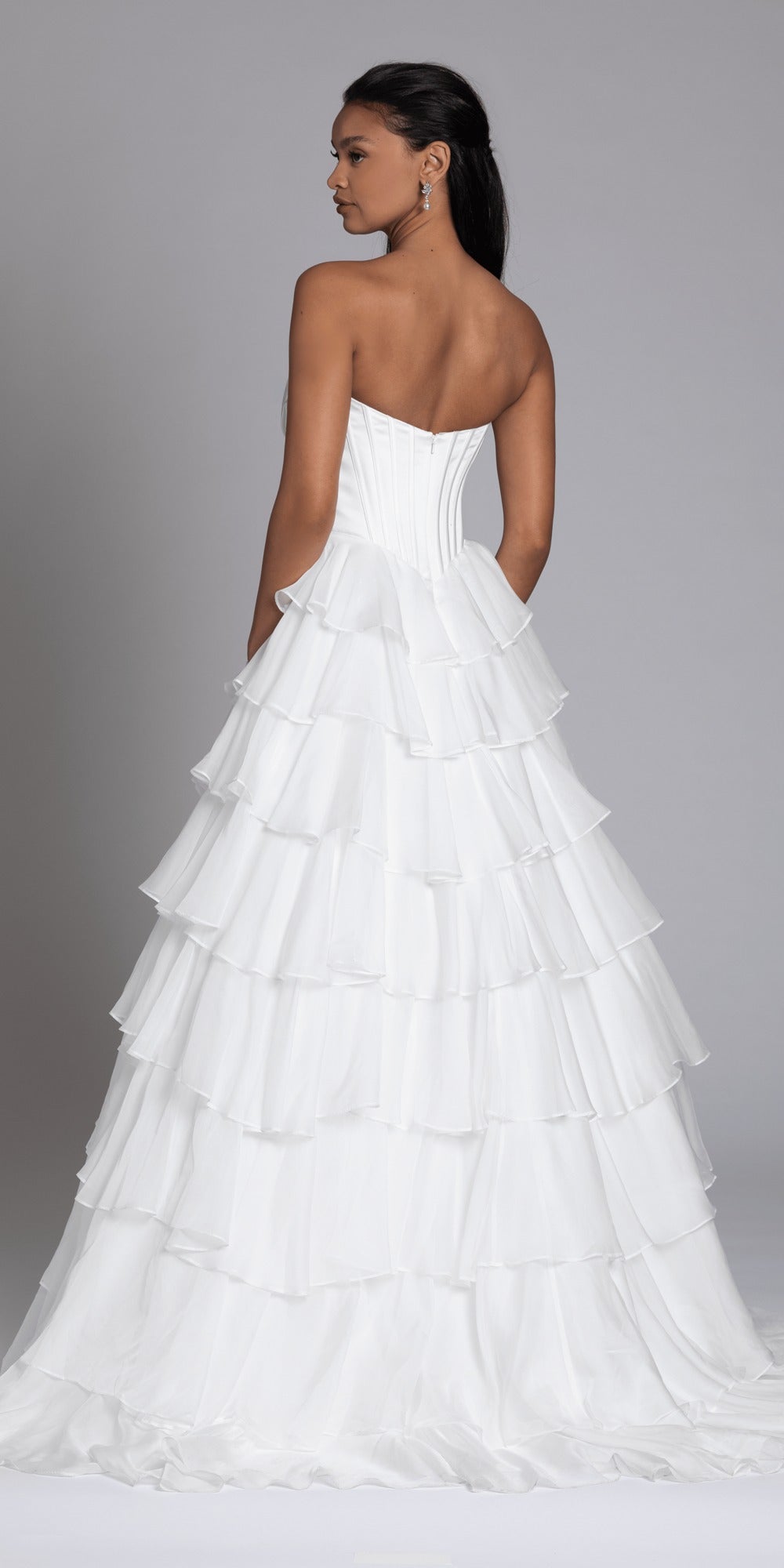 Strapless Tiered Chiffon and Satin Pleated Corset Ballgown