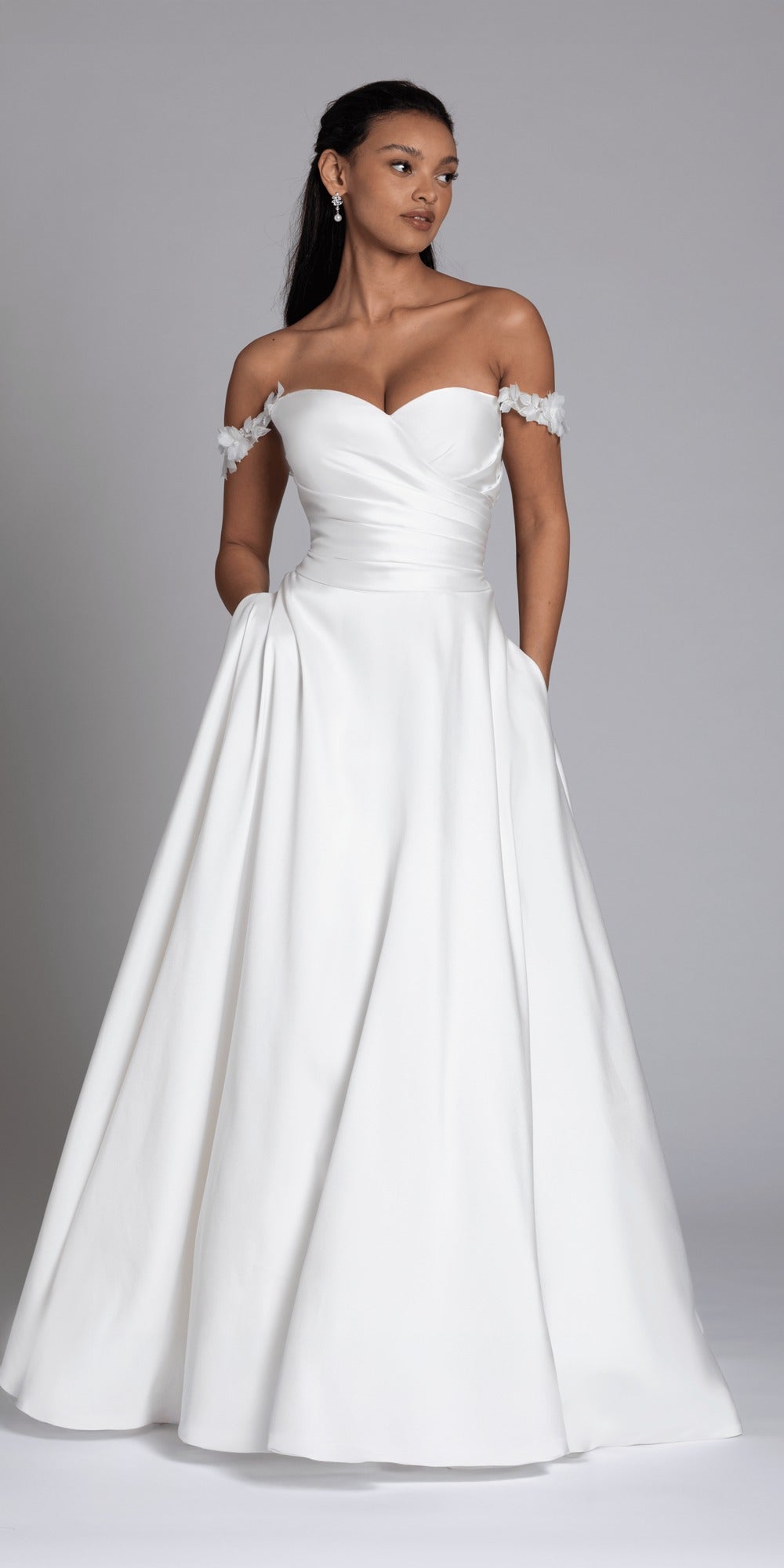 Mikado Off the Shoulder Pleated Bodice Ballgown with Pockets
