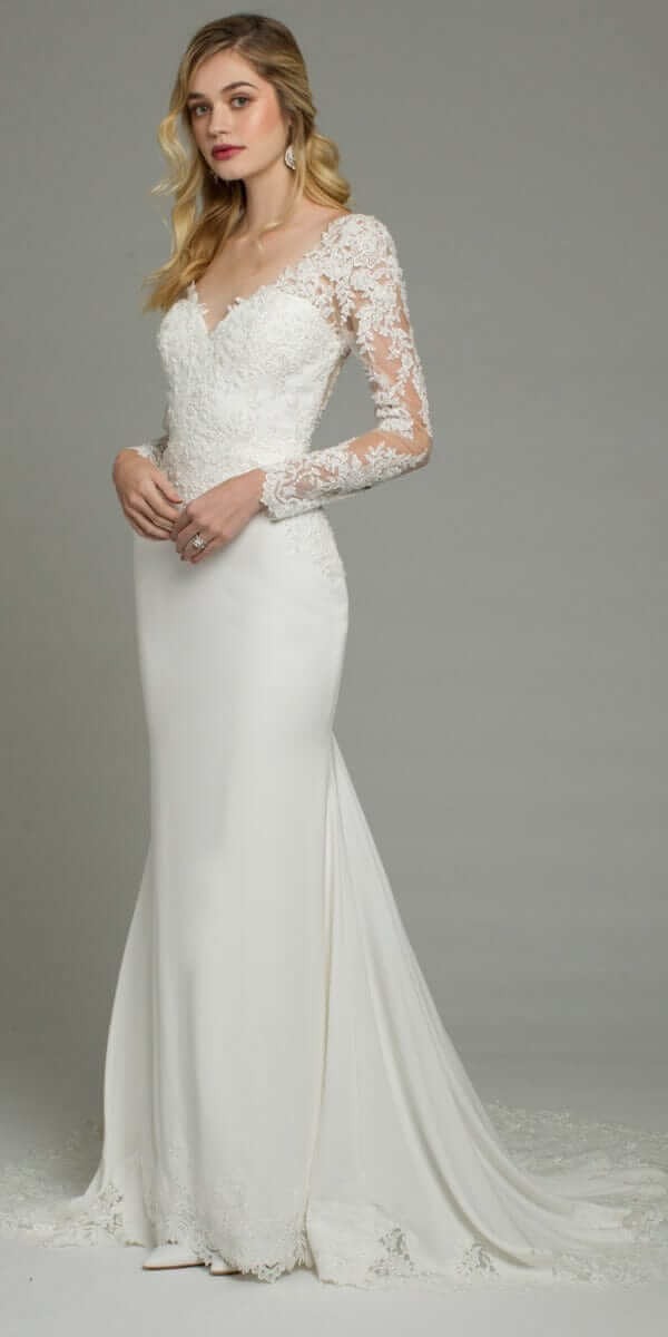 Long Sleeve Applique Crepe Button Back Lace Dress