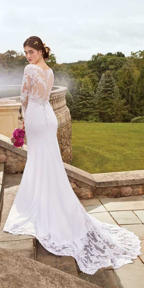 Long Sleeve Applique Crepe Button Back Lace Dress