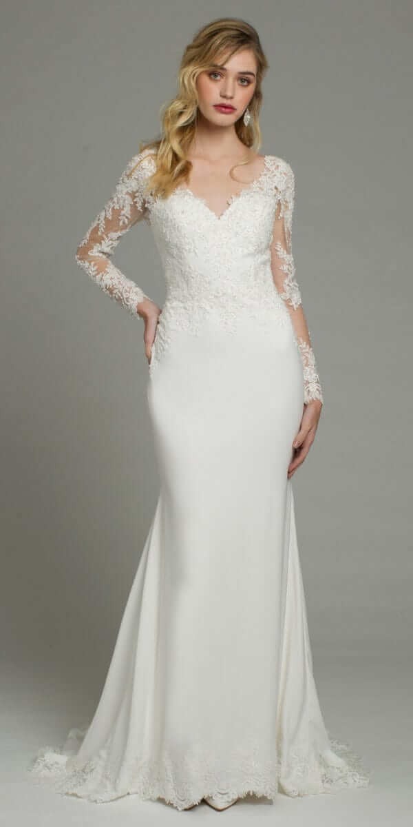 Long Sleeve Applique Crepe Button Back Lace Dress