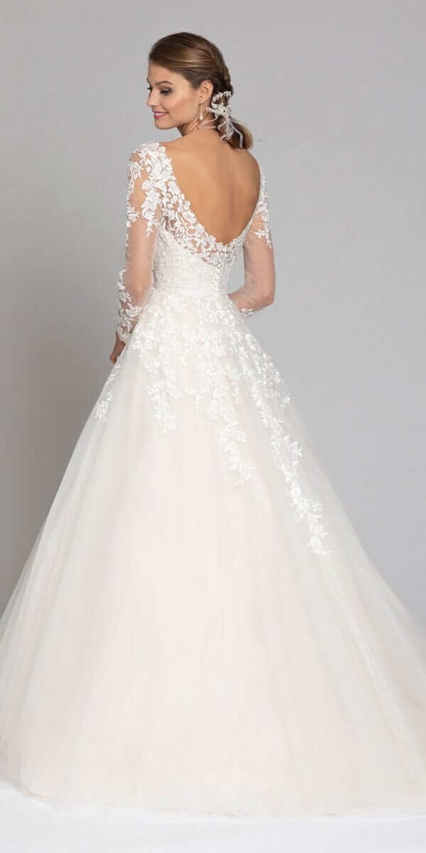 Long Sleeve Illusion Embroidered Tulle Ballgown