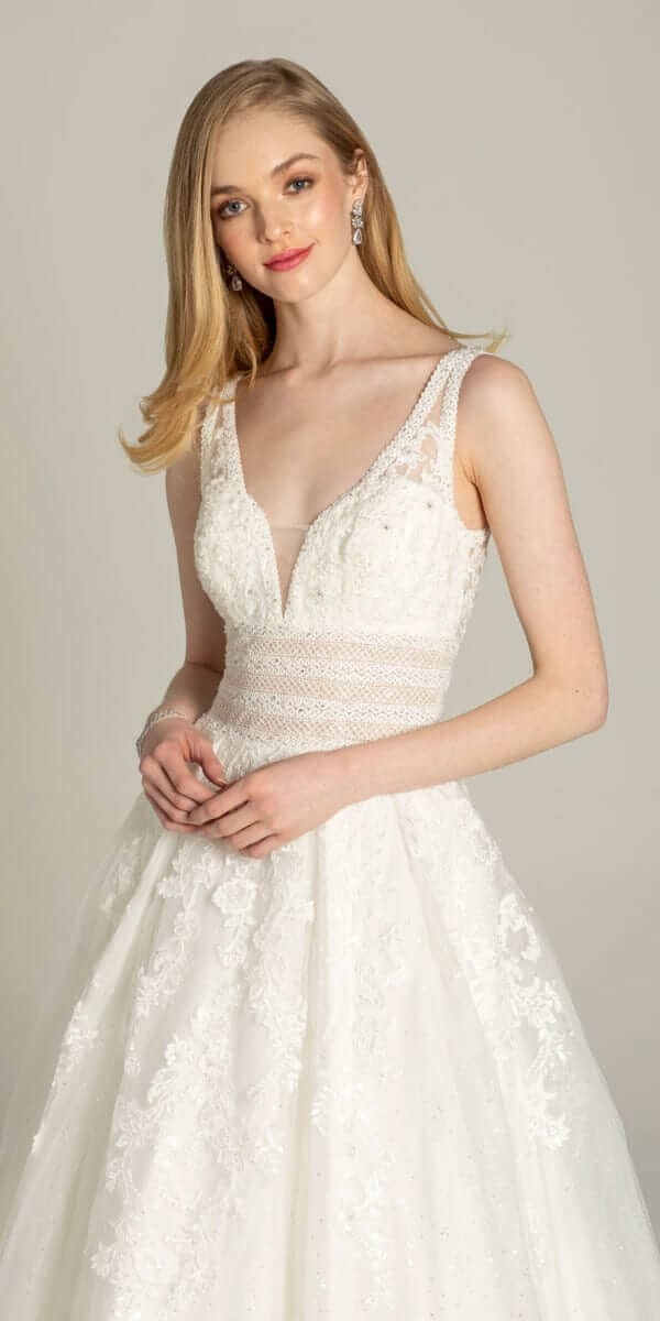 Glitter Embroidered Plunging Box Pleat Tulle Ballgown