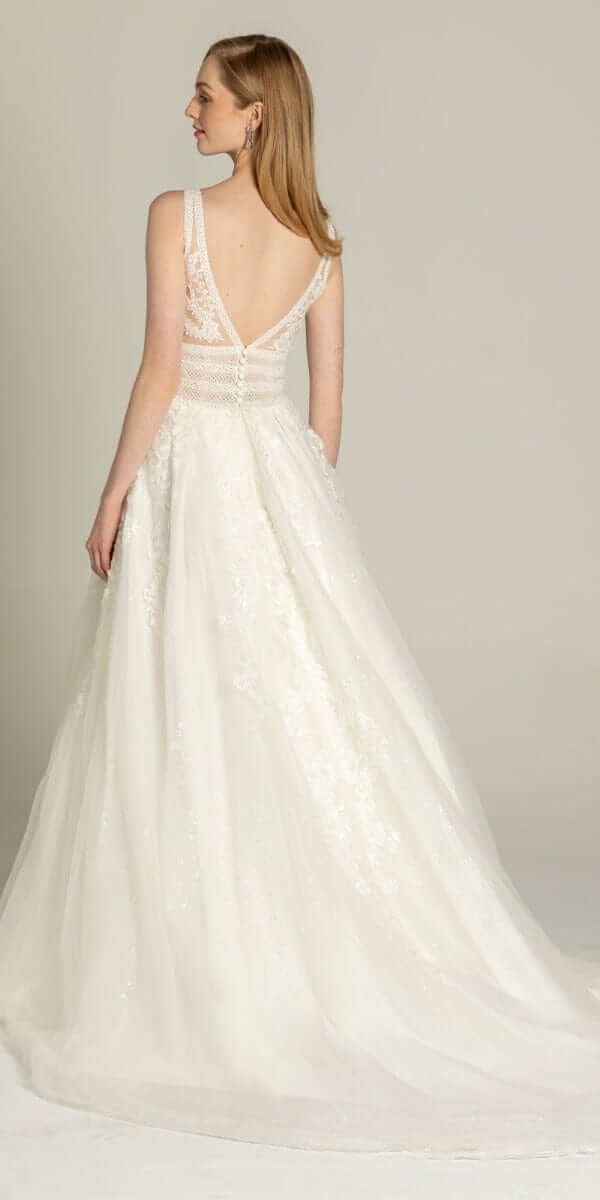 Glitter Embroidered Plunging Box Pleat Tulle Ballgown