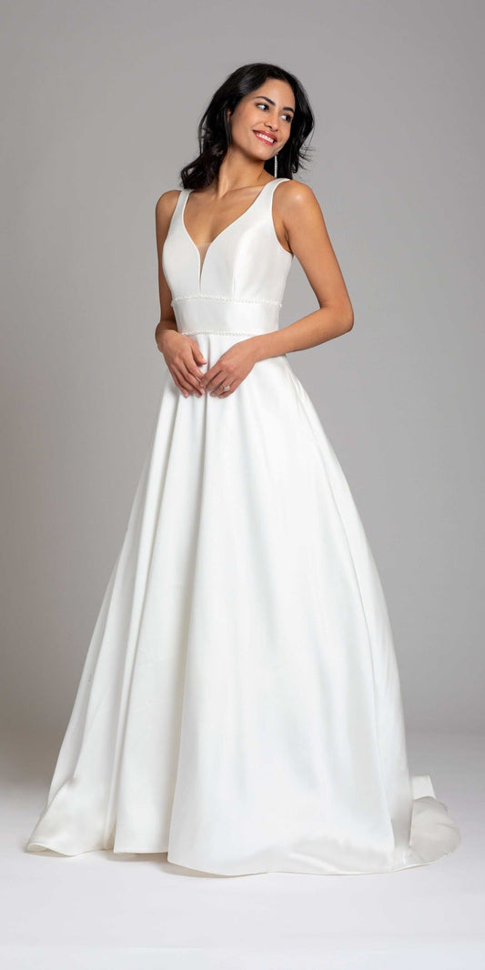 Mikado Plunging Button Back Ballgown with Cathedral Train