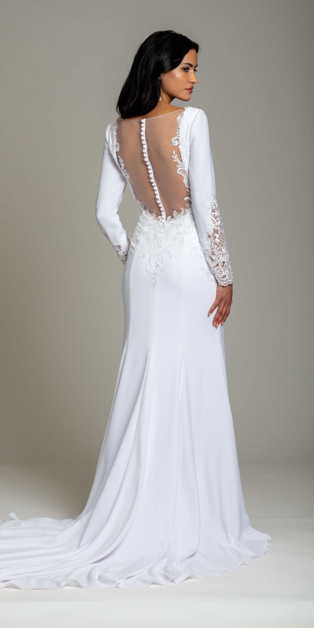 Crepe Embroidered Long Sleeve Illusion Back Column Dress
